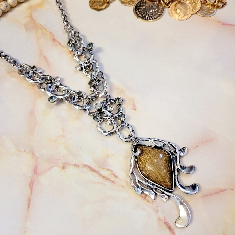 Vintage Bohemian Artisan Catseye Stone & Crystal Silver Statement Necklace - Picture 8 of 14